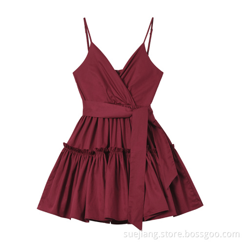 Women Fashion Burgundy Ruffles Strap Dress